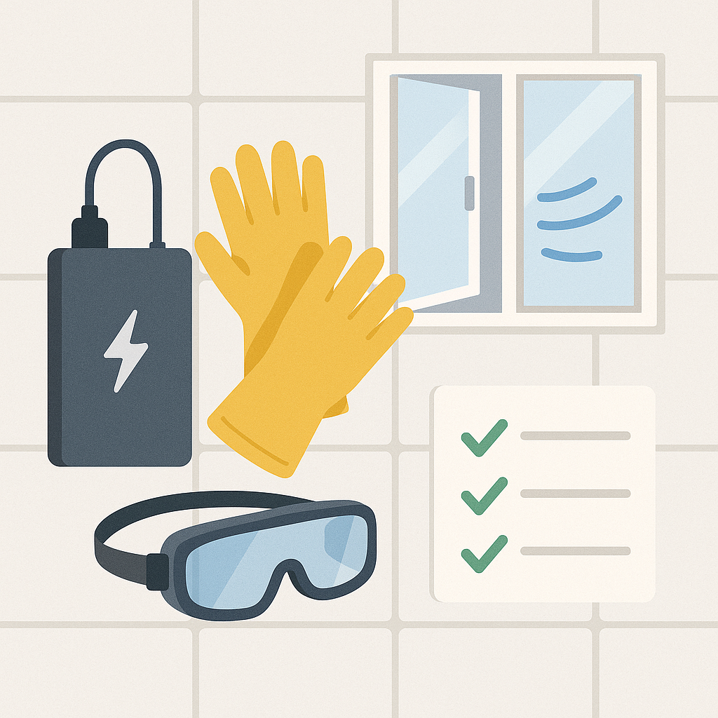 세라믹 타일 위에 보조배터리, 고무장갑·보안경, 환기되는 창문, 미니 체크리스트 인포그래픽