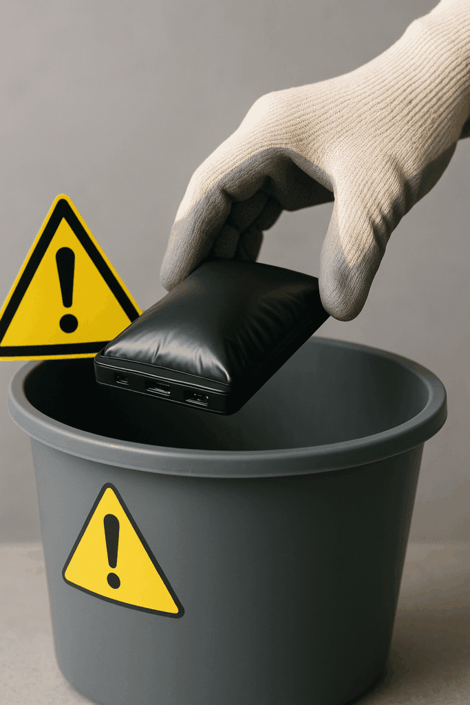 부풀어오른 보조배터리 폐기 방법 팽창한 보조배터리를 장갑 낀 손이 조심스럽게 내려놓는 장면, 경고 아이콘, 사실적 사진