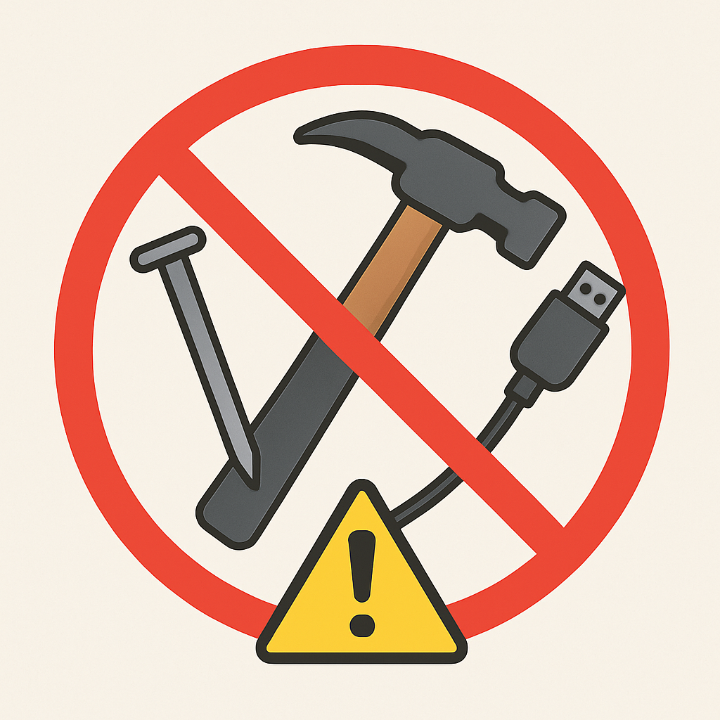 X 표시가 들어간 못·망치·충전케이블, 위험 경고를 강조한 일러스트
