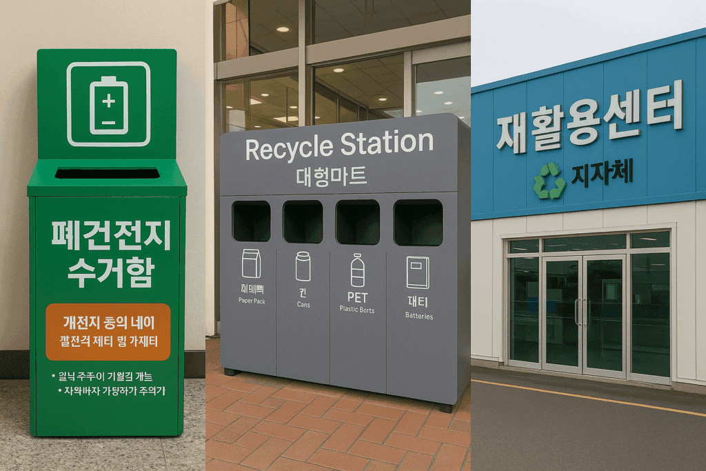 주민센터의 폐건전지 수거함, 대형마트 리사이클 스테이션, 지자체 재활용센터 외관, 실사 사진”