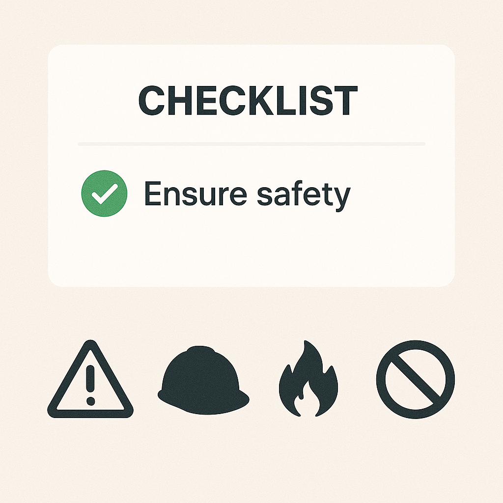 체크리스트 카드 UI에 체크표시, 안전 아이콘 모음, 깔끔한 인포그래픽