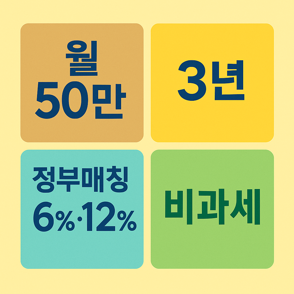 청년미래적금 밝은 인포그래픽, ‘월 50만/3년/정부매칭 6%·12%/비과세’ 키워드 타일 카드, 한국 공공정책 느낌