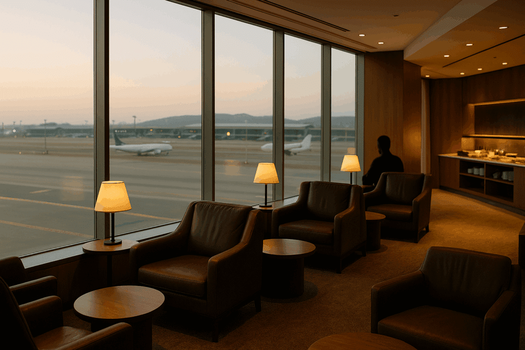 인천국제공항 대형 창가가 보이는 고급 라운지 내부, 활주로가 내려다보이는 뷰, 아늑한 소파와 테이블, 조용한 분위기, 따뜻한 조명, 셀프 뷔페 코너가 살짝 보이게, 인물은 실루엣 처리로 프라이버시 보호, 하이엔드 호텔 라운지처럼 깔끔한 디테일, 현실감 높은 사진 스타일, 브랜드·로고·문자 없음