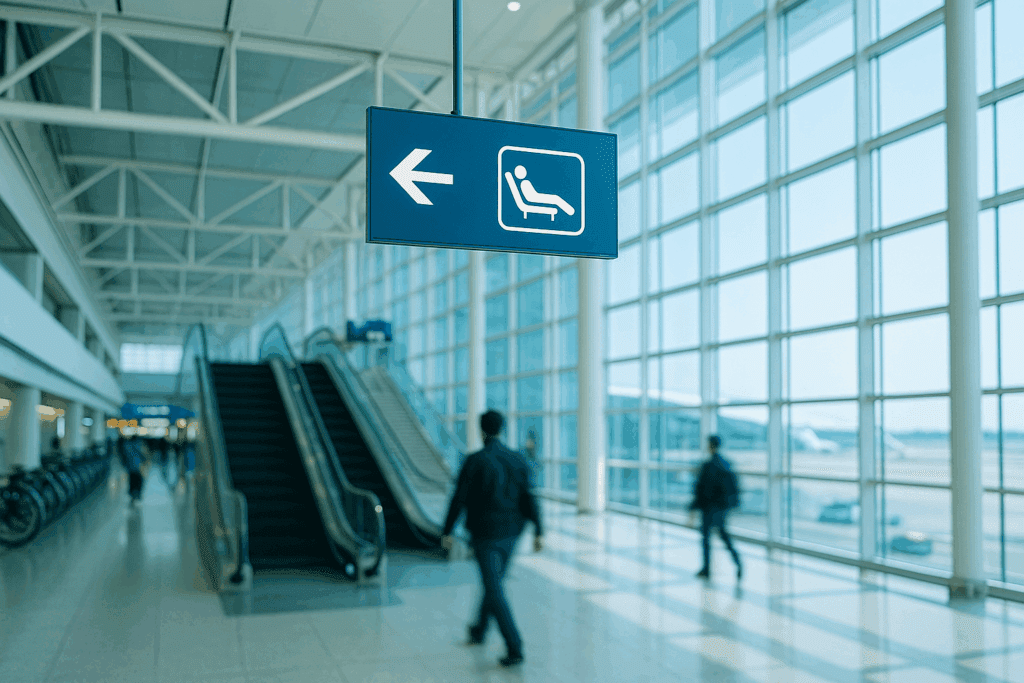인천공항 터미널 내부 동선이 느껴지는 전경 사진풍, ‘라운지 방향’ 일반 표지판 느낌(문자 없이 픽토그램만), 에스컬레이터와 유리 파사드, 청량한 색감, 사람은 흐릿한 모션 블러, 브랜드·구체 표기 없음
