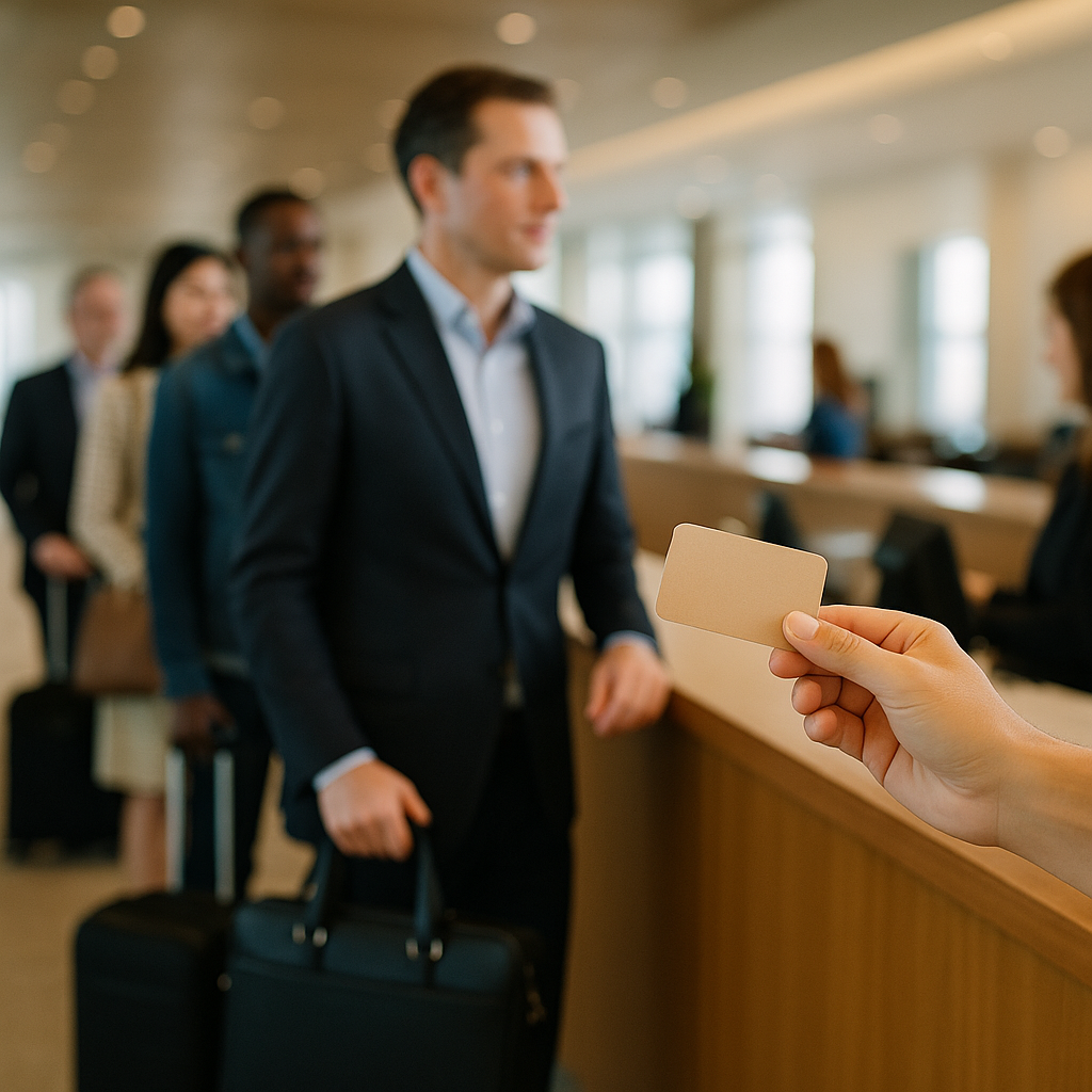 공항 라운지 리셉션 데스크 앞, 다양한 승객이 줄 서 있는 장면의 사진풍, 카드 제시하는 손, 비즈니스 여행 무드, 배경은 소프트 포커스, 카드사 로고·문자 식별 불가, 자연광 느낌