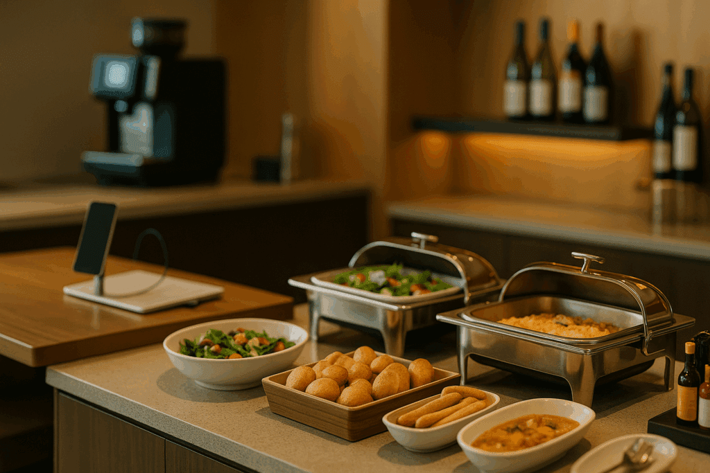 고급 라운지 뷔페존 근접샷, 샐러드·빵·따뜻한 음식 트레이, 바리스타 커피 머신 실루엣, 충전 스테이션이 보이는 테이블, 따뜻한 컬러 톤, 청결하고 미니멀, 주류 라벨·상표 식별 불가
