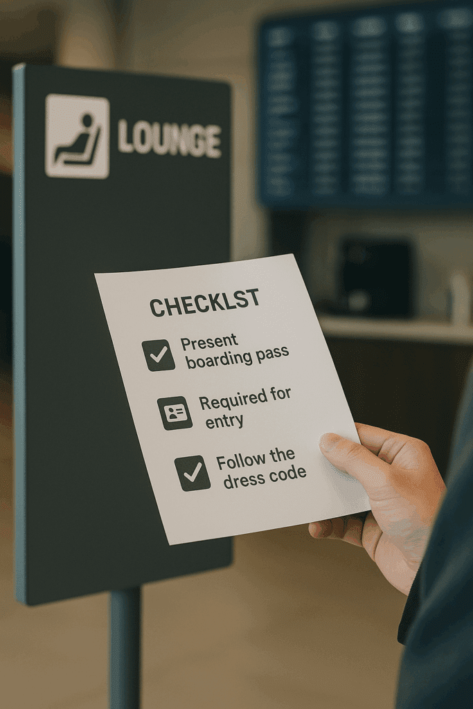 라운지 입구 앞에서 이용 안내를 확인하는 장면, 전광판(항공편 보드) 실루엣, 체크리스트를 보는 손, 차분한 톤, 표지판 문자·로고는 식별 불가, 현실감 높은 다큐 사진풍