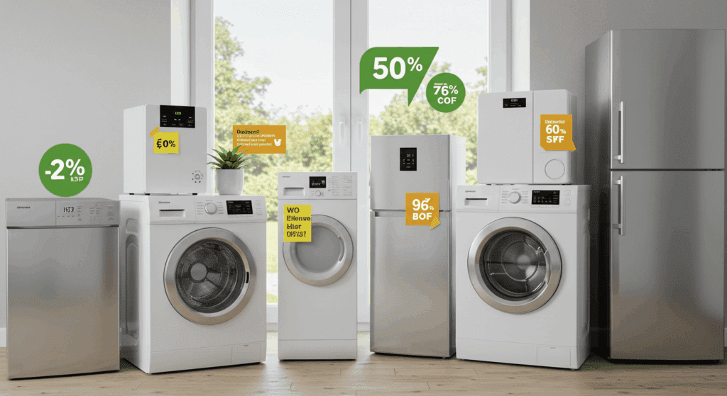 가정에서 사용하는 최신형 에너지 효율 1등급 가전제품들이 깔끔하게 배치된 모습, 환급을 상징하는 그래픽 요소 포함, 밝고 친근한 분위기