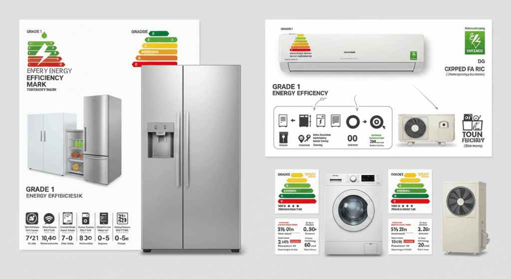가전제품 옆에 ‘1등급 에너지 효율 마크’가 크게 표시된 제품 라벨, 환급 대상 표시 아이콘, 깔끔한 정보 그래픽 스타일