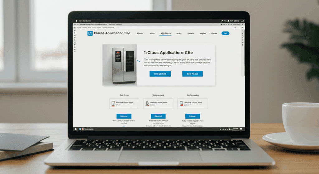 노트북 화면에 ‘1등급 가전 환급 신청 사이트’ 메인 페이지가 떠 있는 모습, 손쉽게 클릭하는 사용자, 간단한 웹 UI 스타일