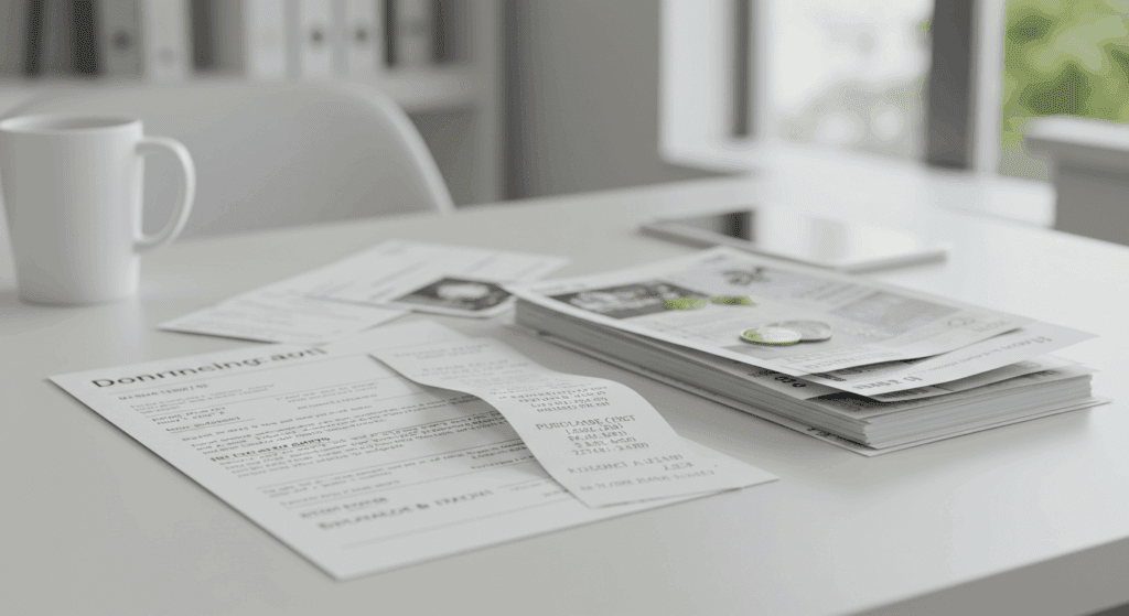 구매 영수증, 제품 사진, 통장 사본이 가지런히 놓여 있는 서류 이미지, 깔끔한 사무 환경