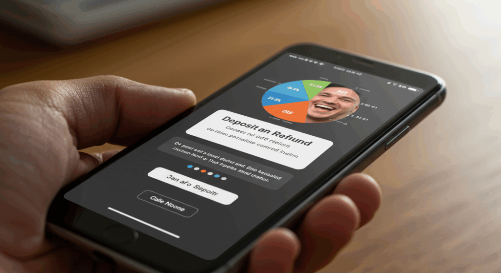 은행 계좌에 입금 알림이 뜨는 스마트폰 화면, 환급 완료를 알리는 그래픽, 행복한 표정의 사용자