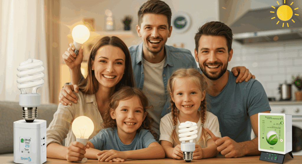 가족이 함께 환한 미소로 에너지 절약 가전제품을 사용하는 모습, 친환경 느낌의 아이콘이 함께 있는 따뜻한 분위기