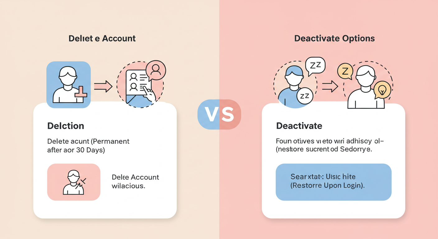 인스타 계정 삭제“두 갈래 길 인포그래픽: ‘계정 삭제(30일 후 영구)’ vs ‘비활성화(로그인 시 복구)’, 깔끔한 한국어 라벨, 파스텔 톤”
