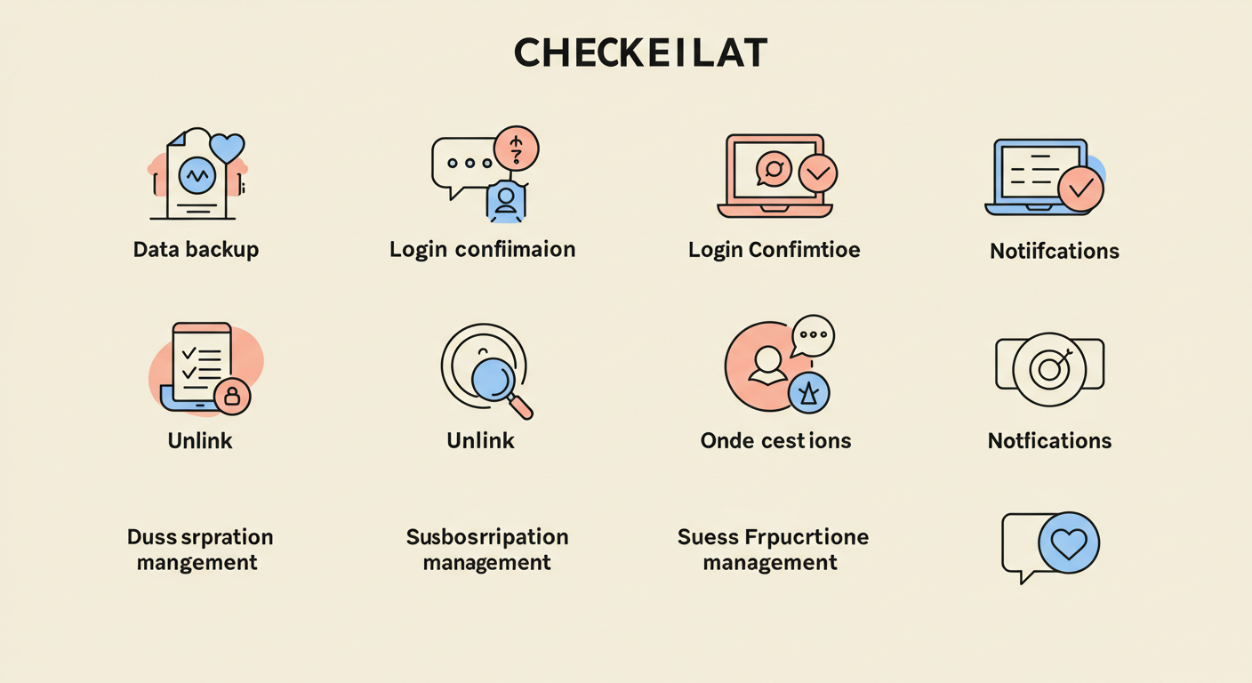 “체크리스트 일러스트: 데이터 백업, 로그인 확인, 연동 해제, 구독 정리, 공지, 심플 아이콘과 한국어 캡션”
