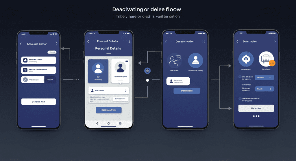 “스마트폰 화면 모형에 ‘Accounts Center > Personal details > Account ownership and control > Deactivation or deletion’ 단계 흐름, 한글 라벨”
