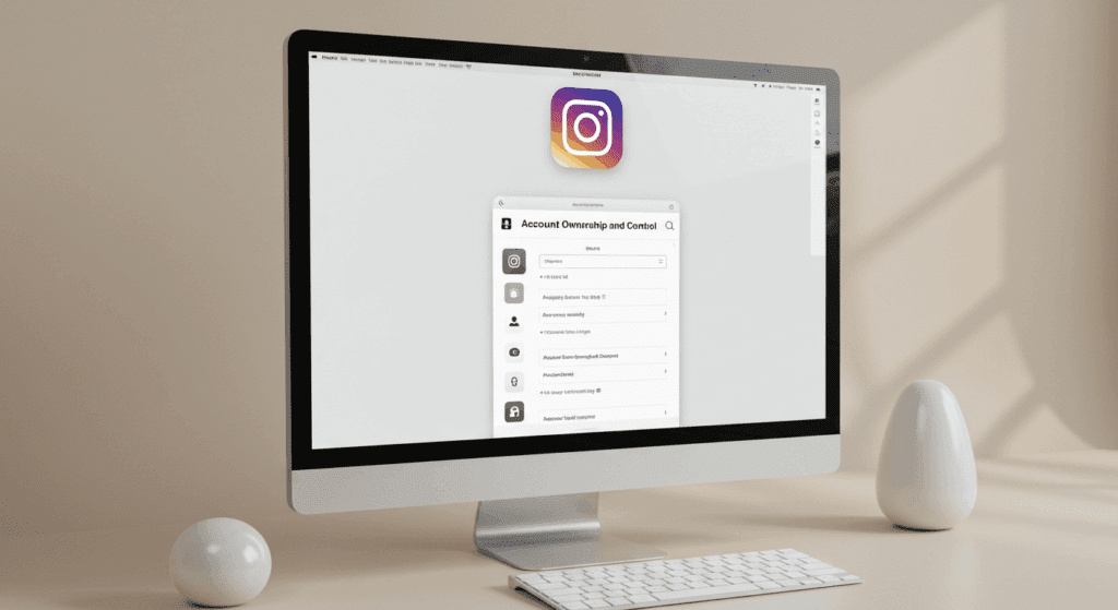 “데스크톱 모니터 목업, 인스타 웹 설정 화면 개념도, ‘Account ownership and control’ 강조, 미니멀 UI”
