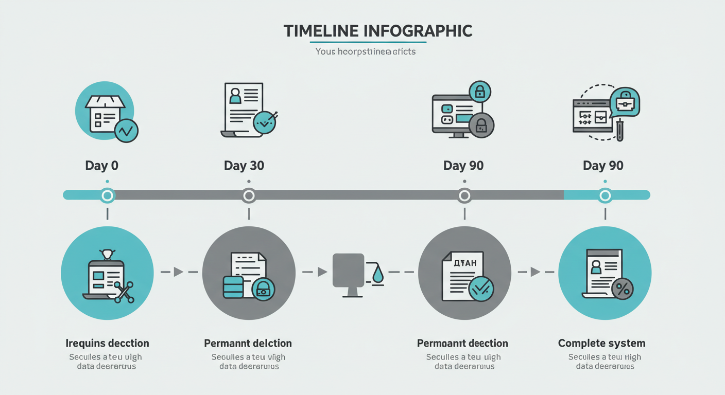 “타임라인 인포그래픽: Day 0 요청, Day 30 영구 삭제, Day 90 시스템 완전 삭제, 한국어 라벨, 청록/회색 톤”
