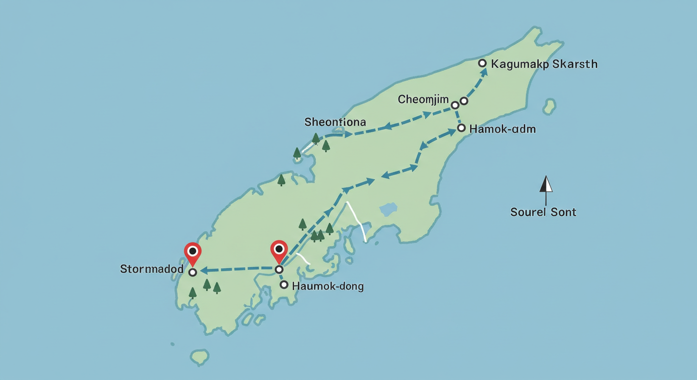 우도 지도 일러스트, 천진/하우목동 표시, 화살표로 왕복 루트, 심플한 톤