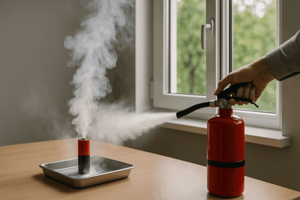 작은 트레이 위에서 연기 나는 배터리, 분말소화기 사용 장면, 환기하는 창문