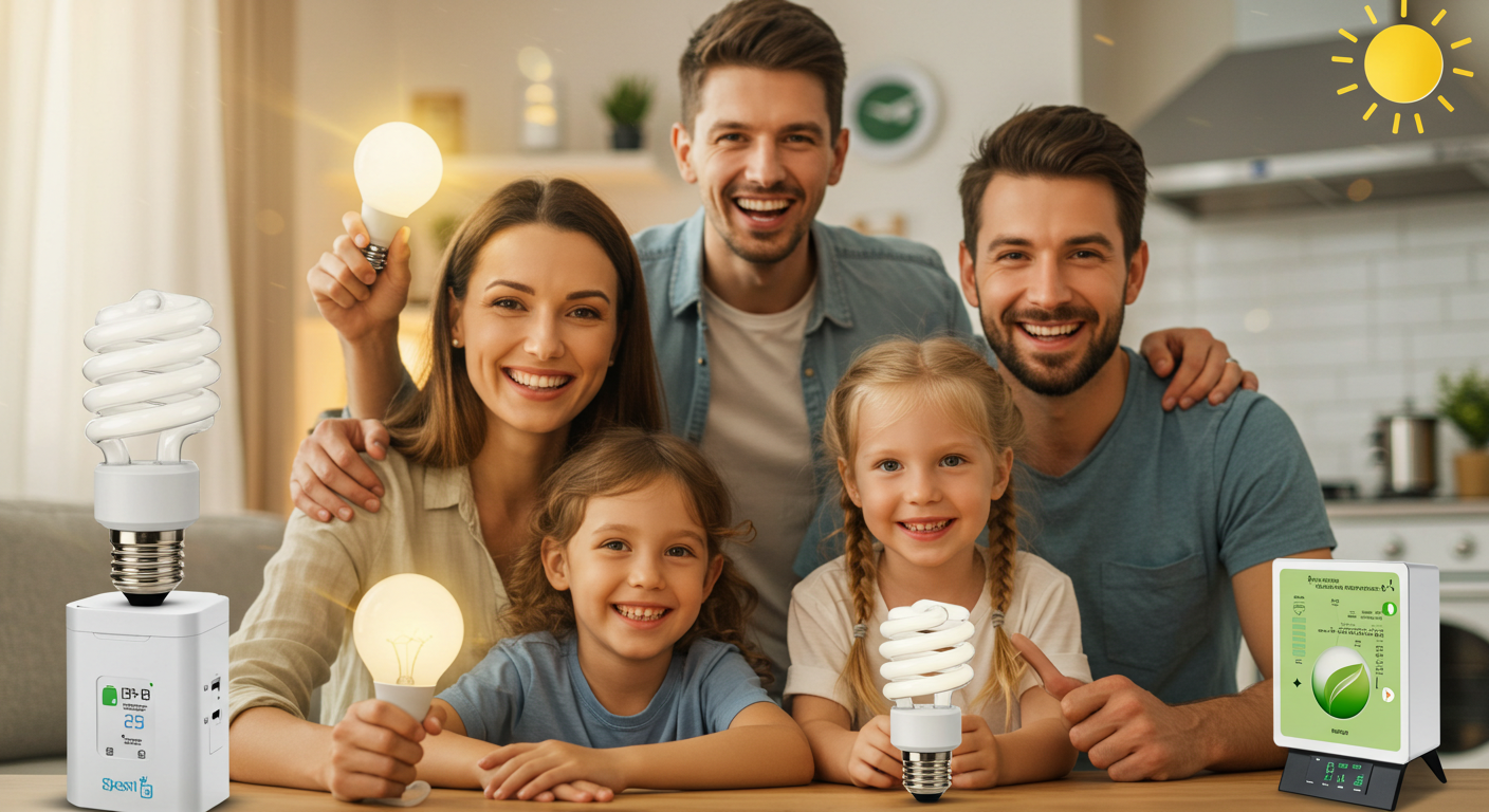 가족이 함께 환한 미소로 에너지 절약 가전제품을 사용하는 모습, 친환경 느낌의 아이콘이 함께 있는 따뜻한 분위기