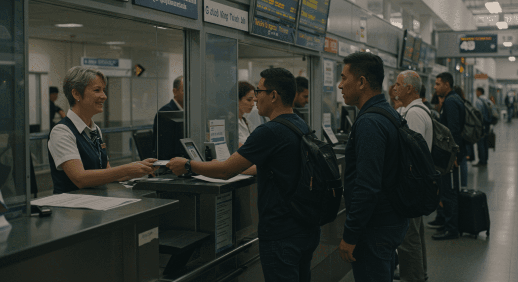 우도 배시간여객터미널 매표 창구, 신분증 제시, 질서정연한 대기줄, 친절한 직원, UHD