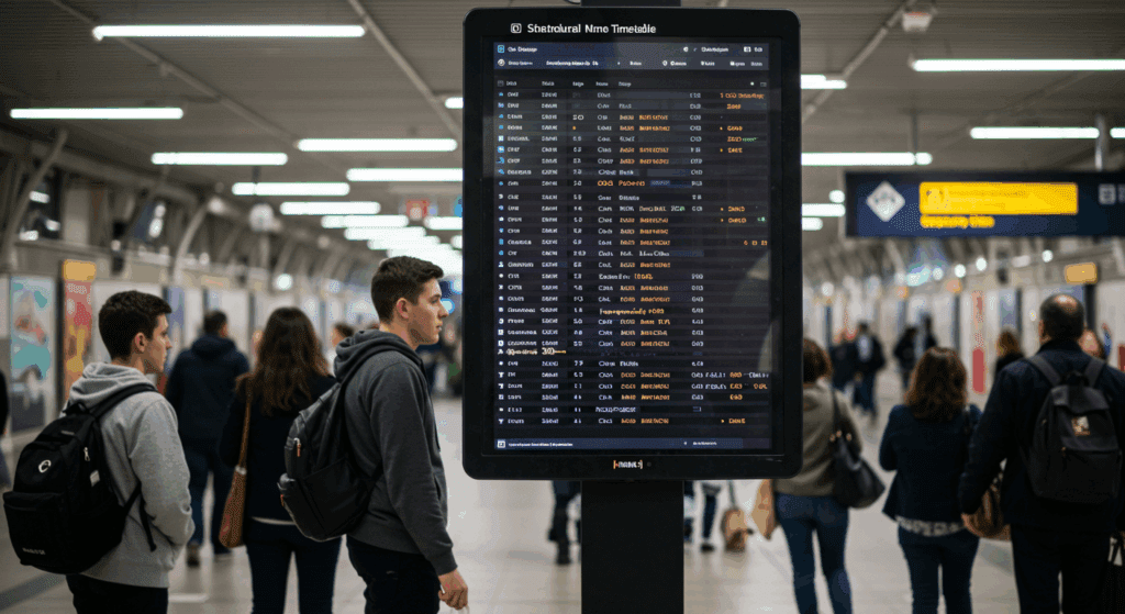 디지털 시간표 보드, 07:00~18:30 표시, ‘Every 30 min’, 여행객들이 시간 확인하는 장면