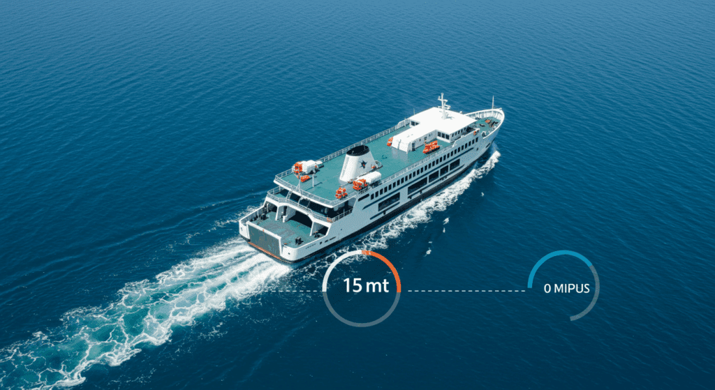 파란 바다 위를 가르는 페리, 15분 소요를 상징하는 타이머 아이콘, 미니멀 인포그래픽