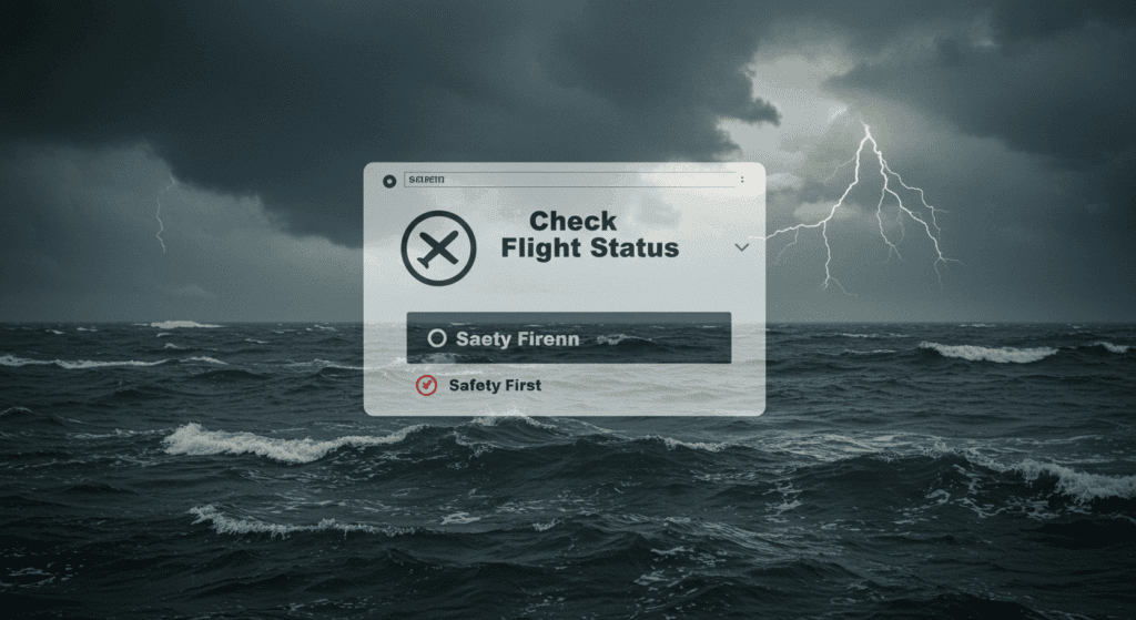 흐린 하늘과 파도, ‘운항 여부 확인’ 팝업, 안전 제일 아이콘, 다큐 스타일