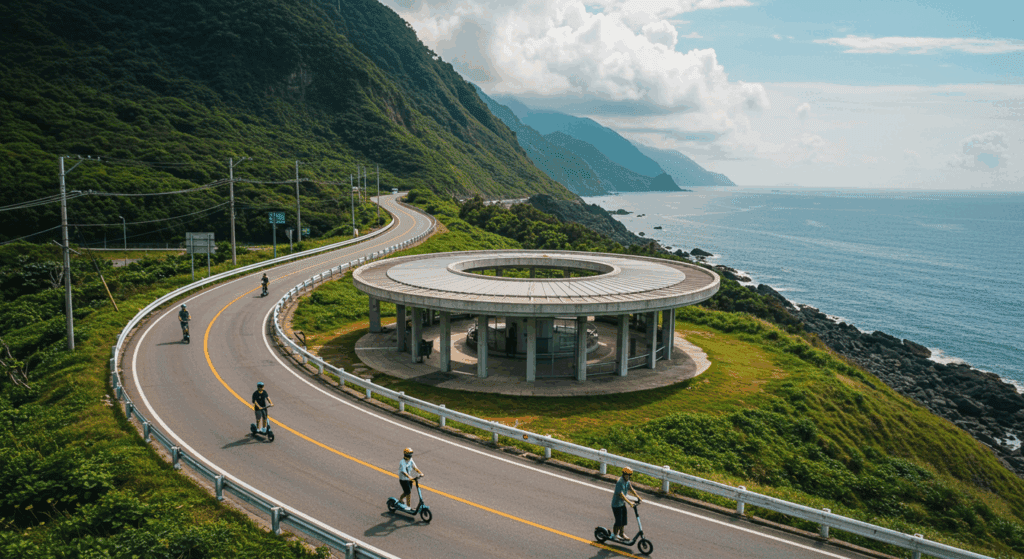 우도 해안도로, 전동 스쿠터 타는 여행자, 순환버스 정류장, 화사한 여행 화보