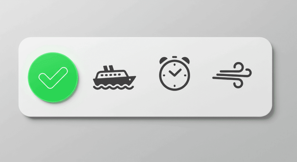 체크 완료 아이콘, 페리·시계·바람 아이콘이 들어간 깔끔한 요약 카드
